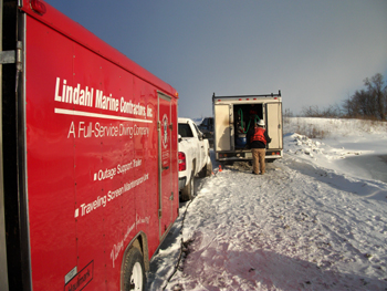 Working outdoors in cold weather. Dive unit along with an Outage Support Trailer