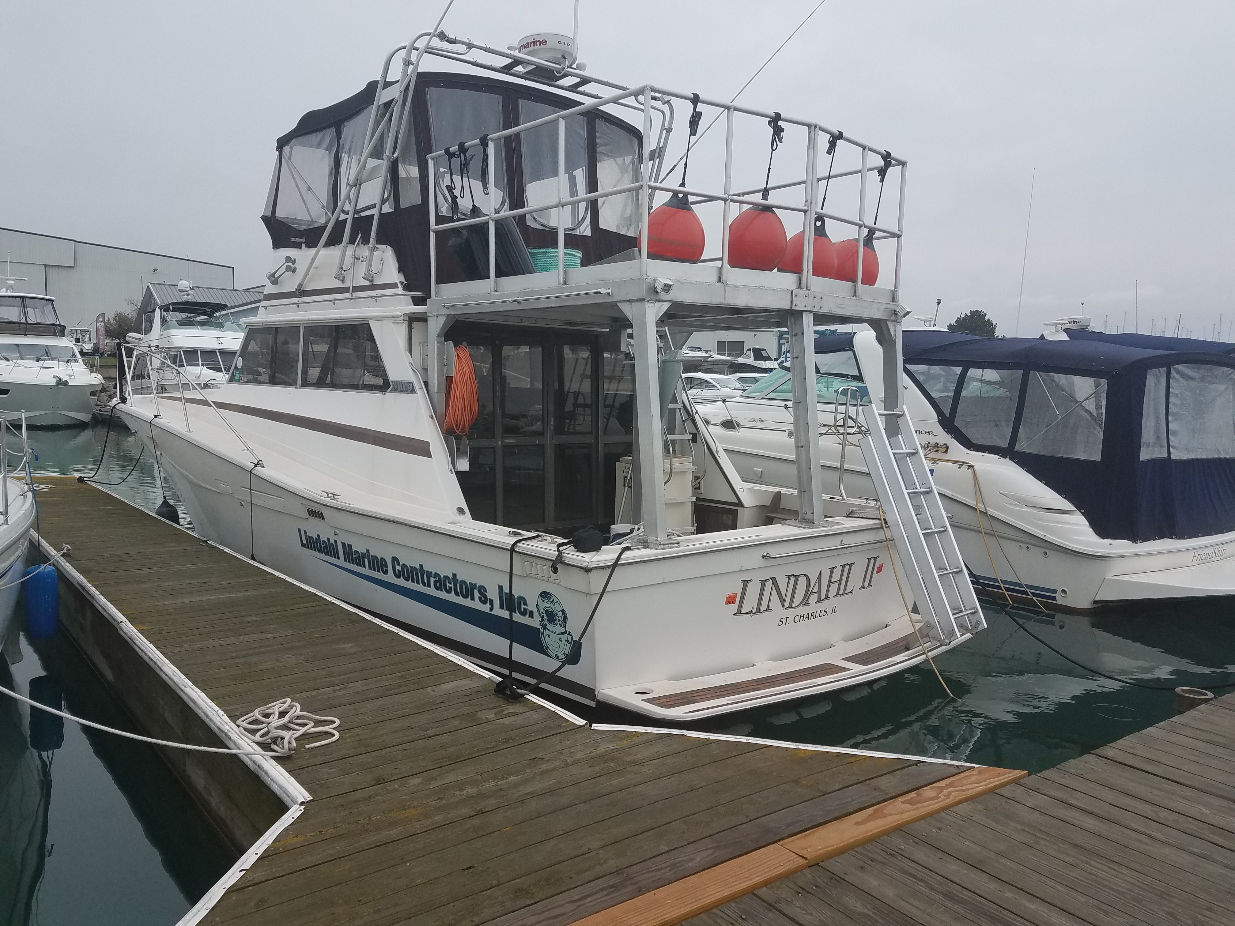New 40' dive boat recently added to keep up with growing lake work. Custom boat equipped with work platform, updated electronics, and 50 inch monitor for viewing underwater activities